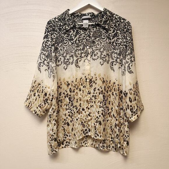 Bonworth Button Down Shirt Size L Floral Leopard Print Collar Womens Top - Picture 1 of 7